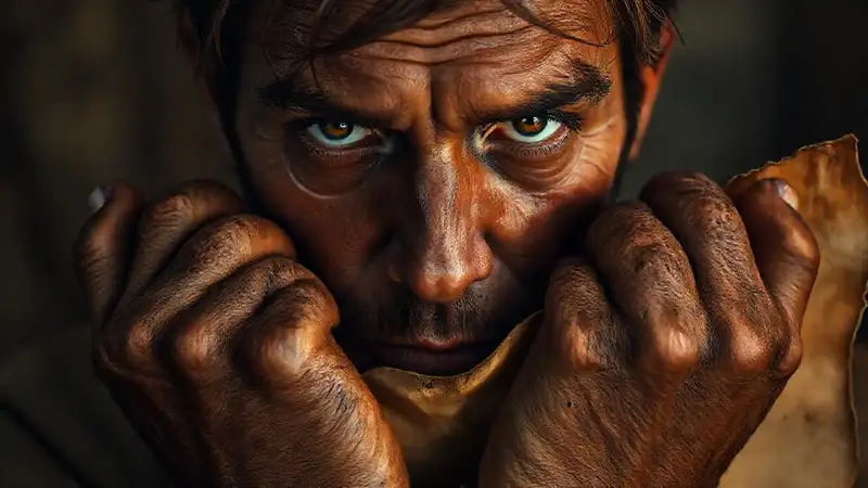 El anciano revela sabiduría con mirada intensa