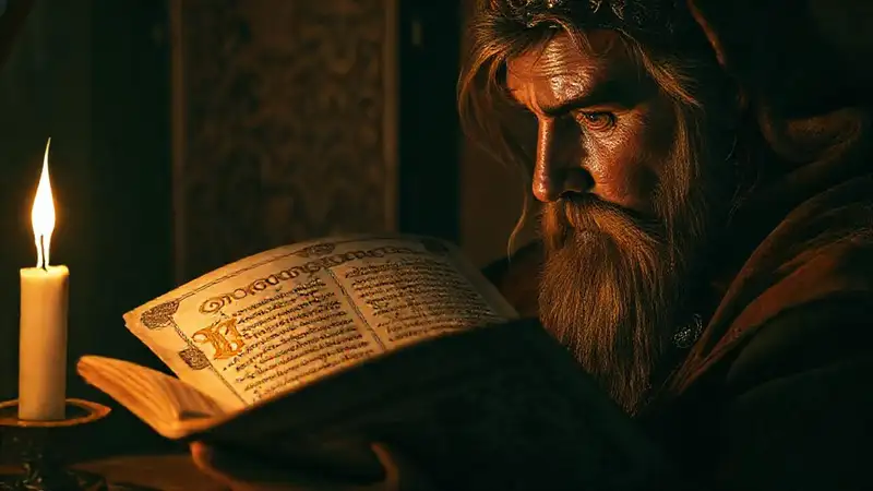 Un erudito contempla manuscrito dorado en sombras