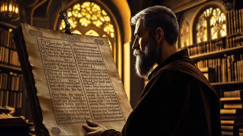 Un monje contempla un manuscrito antiguo
