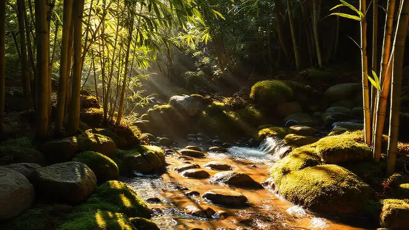 Bosque zen: luz cálida y calma