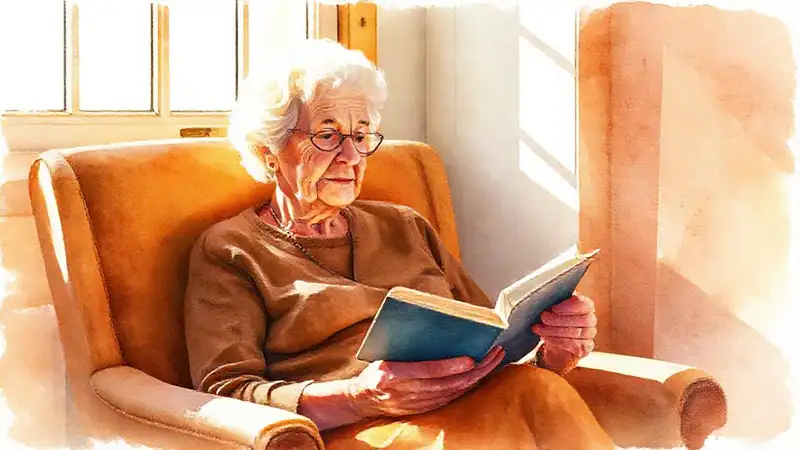 Una anciana lee, bañada en luz cálida