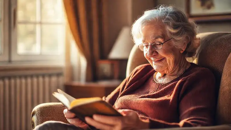 Una anciana lee a la luz cálida